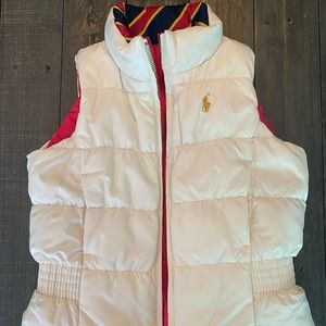 Ralph Lauren White Puffer Vest with Pink Accents and Gold Logo
